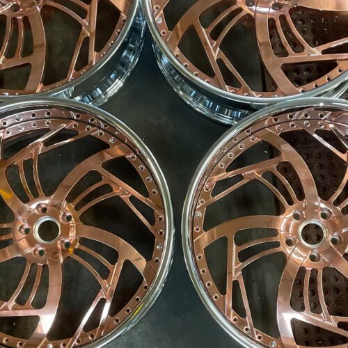 26″ Premium Staggered Forged Wheels – Shiny Mirror Copper Face & Chrome Lips (5×5 Bolt Pattern)