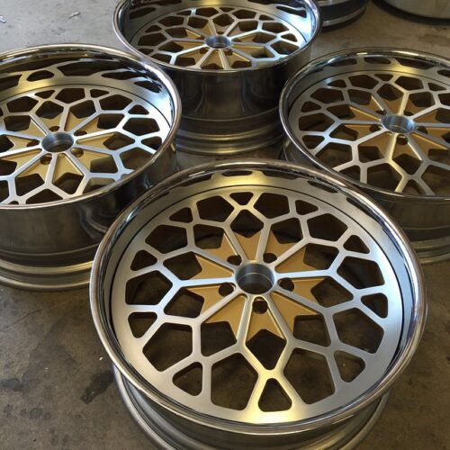 Premium Custom 3-Piece Forged Wheels – Brushed Mesh Face with Matte Gold Star Accents & Polished Deep Lip