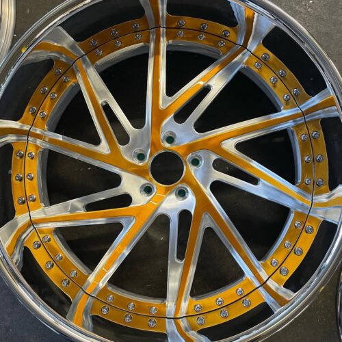 Premium Custom Staggered Forged Wheels – Brushed Aluminum & Candy Gold Accent Finish