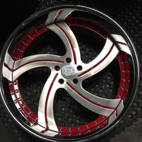 LB Forged LB-283 Custom 3-Piece Wheels – Brushed Billet Pinwheel Face with Candy Red Accents & Polished Lip